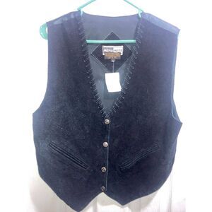 Vintage Mona Mode Genuine  Black Leather 4 Brass Button Western Vest - Medium